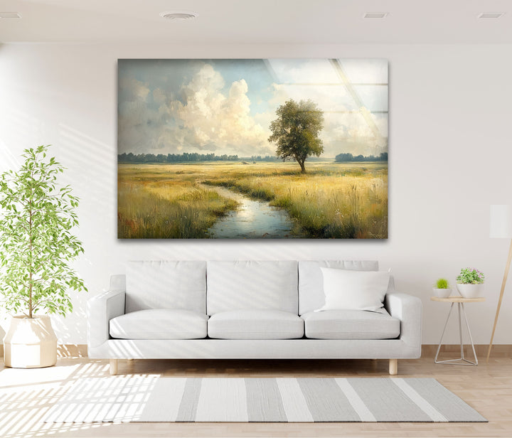 Goldene Wiese – Friedliches Feld mit einsamem Baum, Glaswandkunst