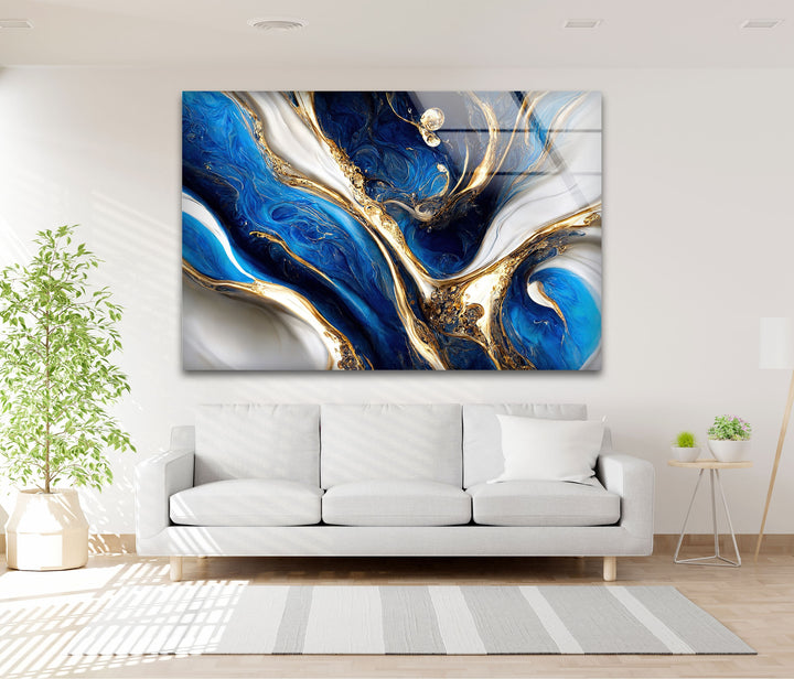 Celestial Currents – Blue and Gold Abstract Glass Wall Art