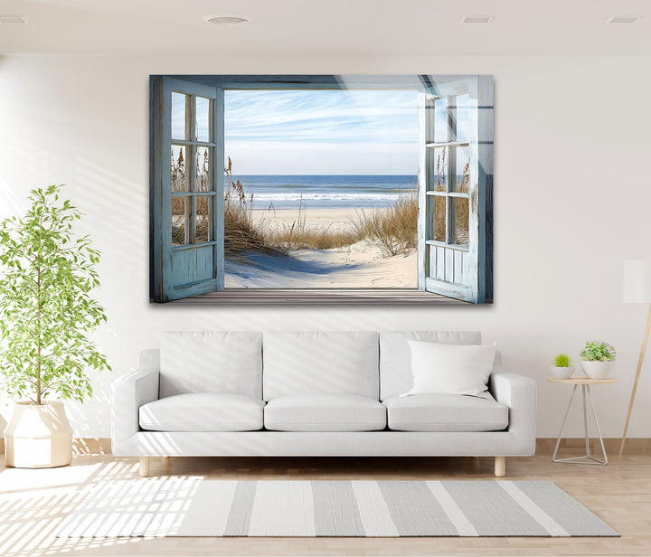Ocean Breeze Escape – Open Window View Glass Wall Art