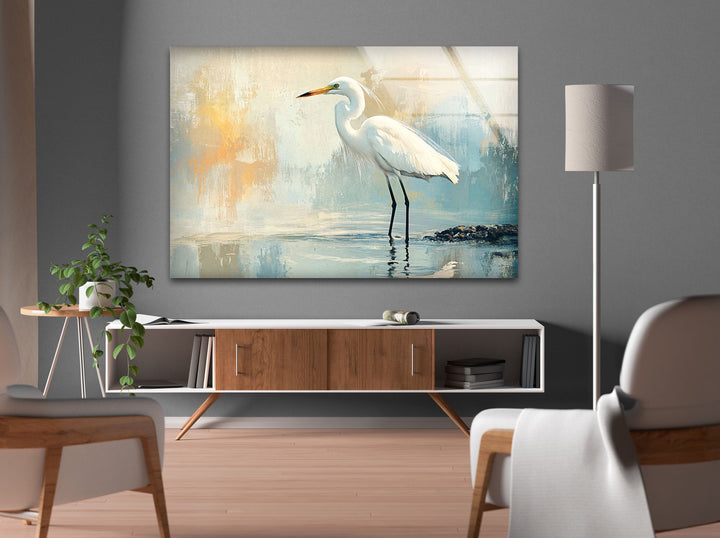 Whispering Waters – Minimalistische Reiher-Wandkunst aus Glas