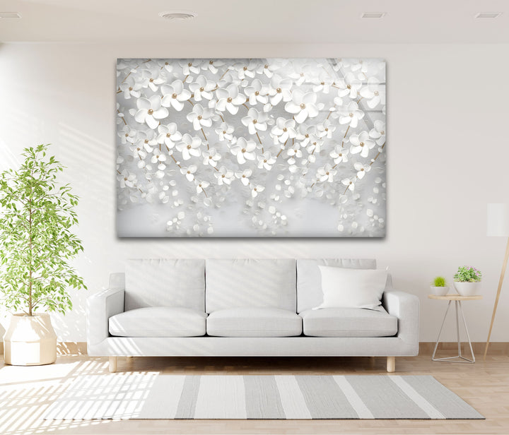 White Blossom Serenity – Elegant Floral Glass Wall Art
