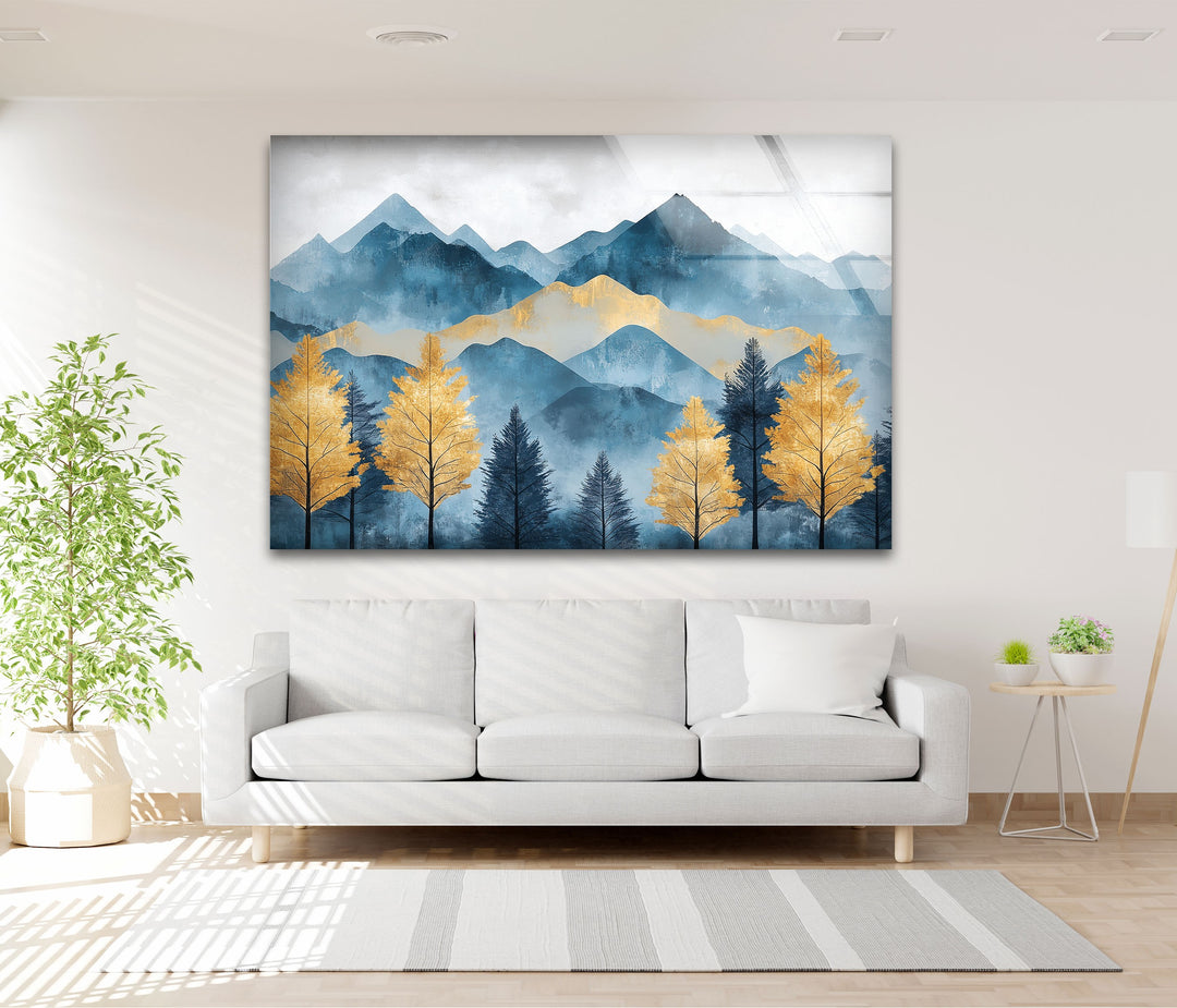Goldene Kiefern in den Azurbergen – Landschafts-Wandkunst aus Glas