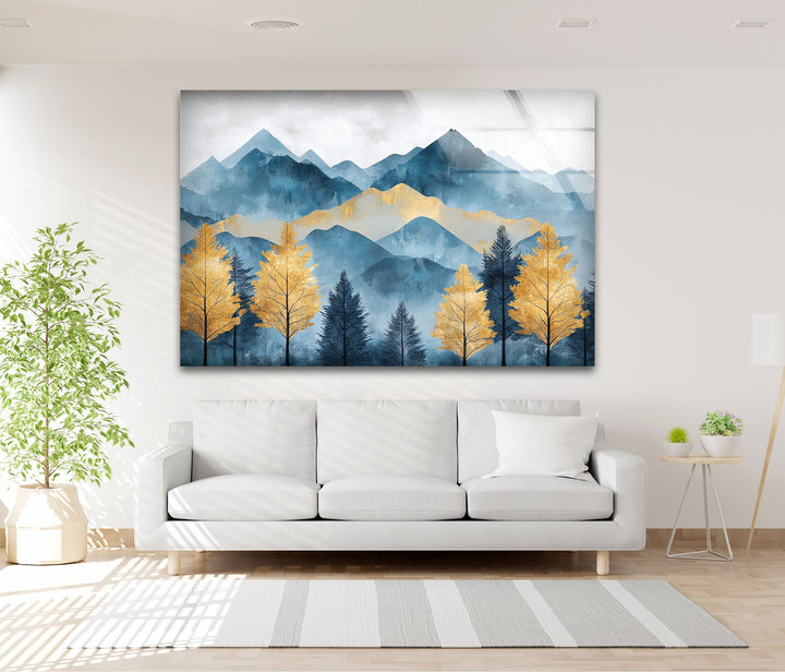 Goldene Kiefern in den Azurbergen – Landschafts-Wandkunst aus Glas