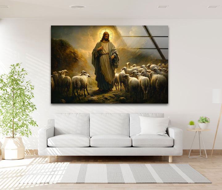 Der gute Hirte – Jesus mit Schafen – Wandbild aus Glas