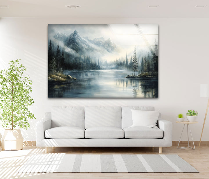 Whispering Pines – Misty Mountain Lake Glass Wall Art