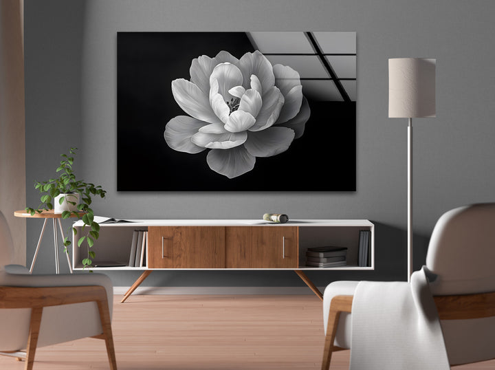 A high-contrast black and white flower artwork that enhances contemporary and classic decor.