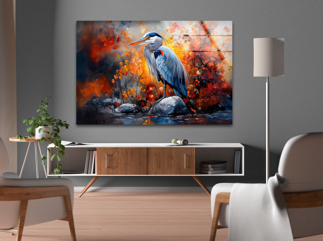Herbstmajestät – Reiher im feurigen Laub Glaswandkunst
