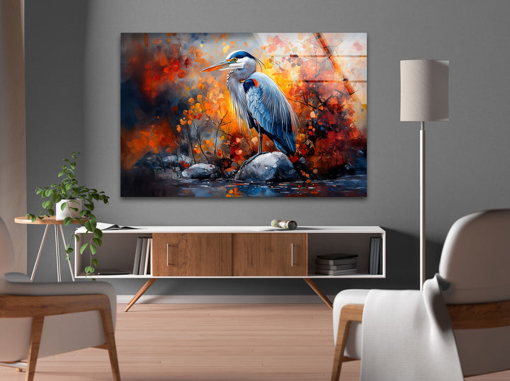 Herbstmajestät – Reiher im feurigen Laub Glaswandkunst
