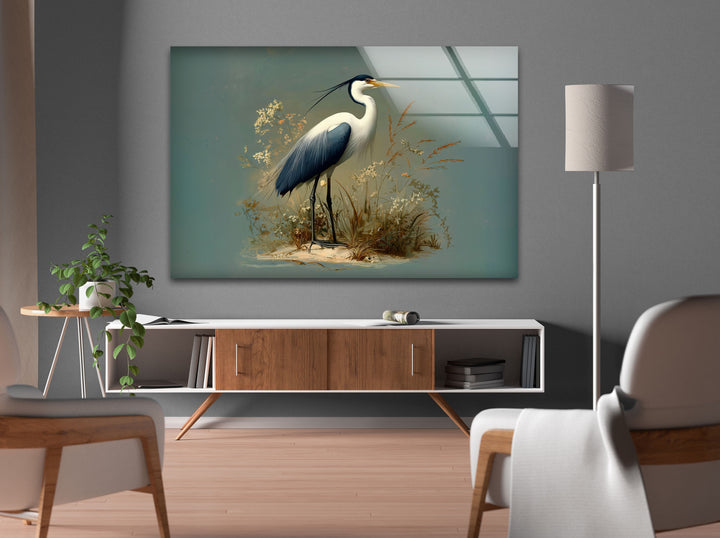 Quiet Bloom – Eleganter Reiher mit Wildblumen, Glaswandkunst