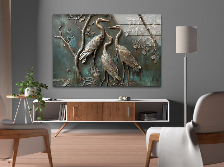 Verdigris Harmony – Bronze Crane Trio Glass Wall Art