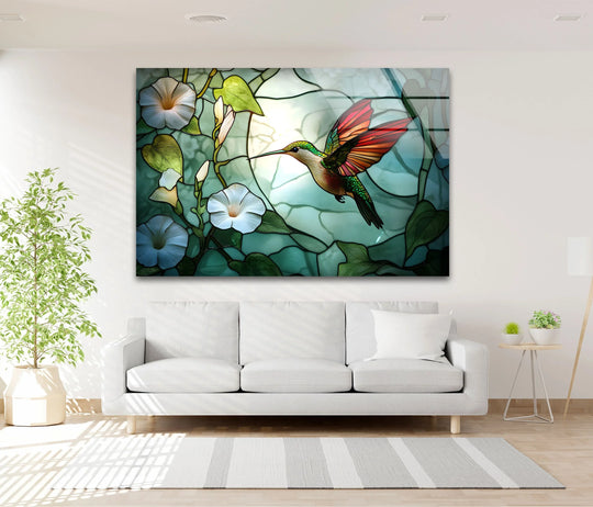 best glass art depicts a hummingbird amidst morning glories, allowing ample negative space to emphasize the vibrant subject.