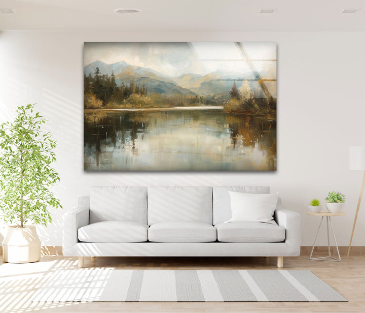 Tranquil Mountain Reflection – Misty Lake Scene Glass Wall Art