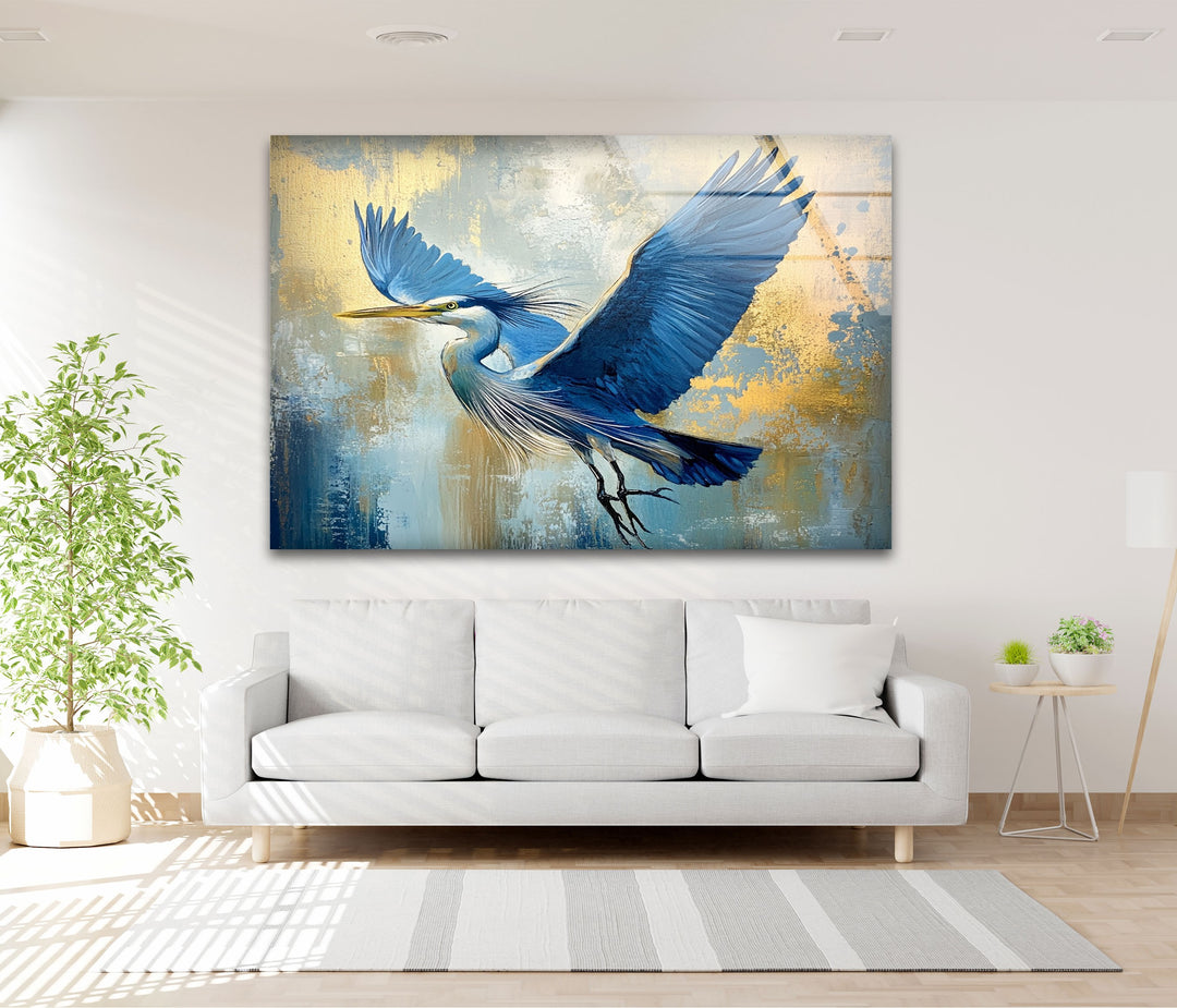 Wings of Sapphire – Blauer Reiher im Flug, Glaswandkunst