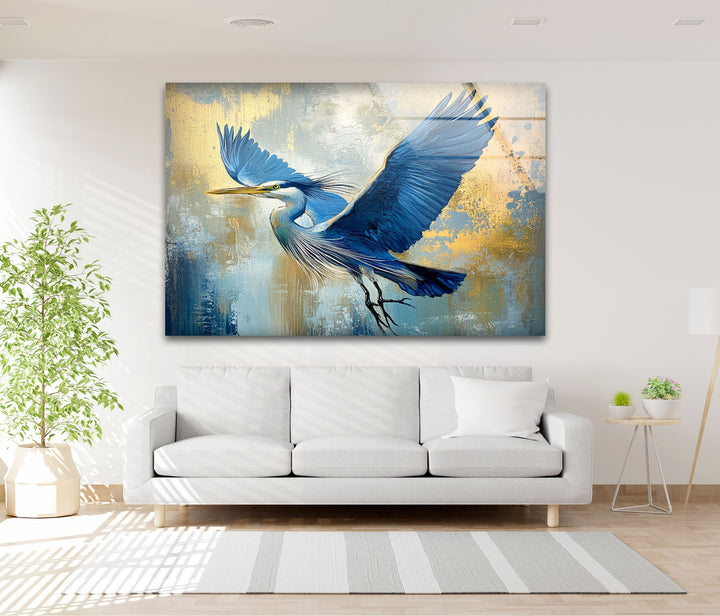 Wings of Sapphire – Blauer Reiher im Flug, Glaswandkunst