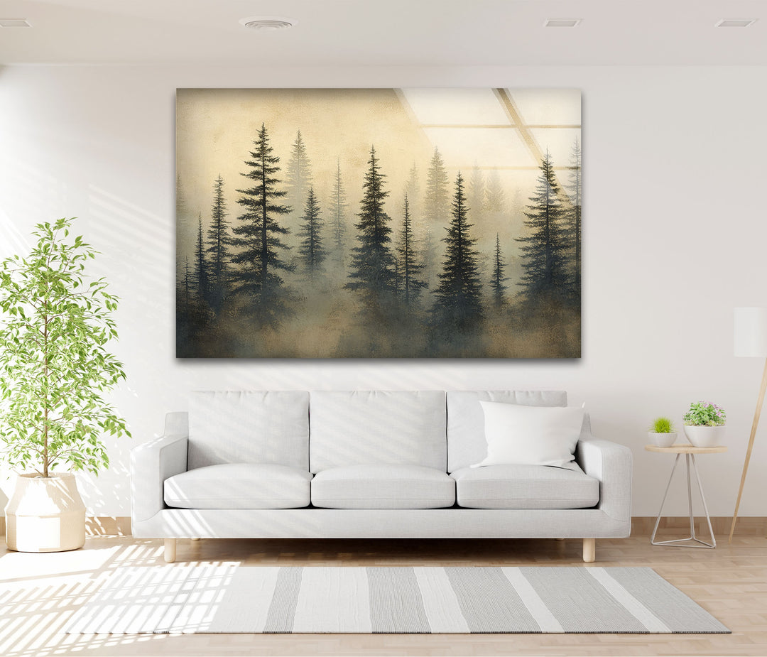 Whispers in the Pines – Misty Forest Scene Glass Wall Art