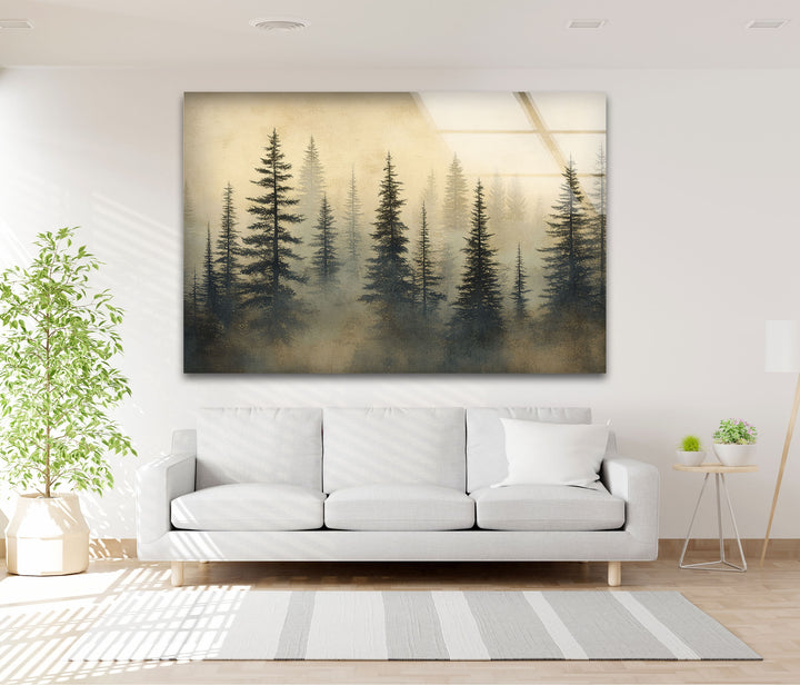 Whispers in the Pines – Misty Forest Scene Glass Wall Art