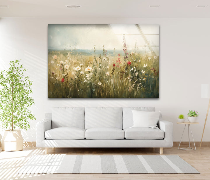 Wildflower Bloom – Tranquil Meadow Scene Glass Wall Art