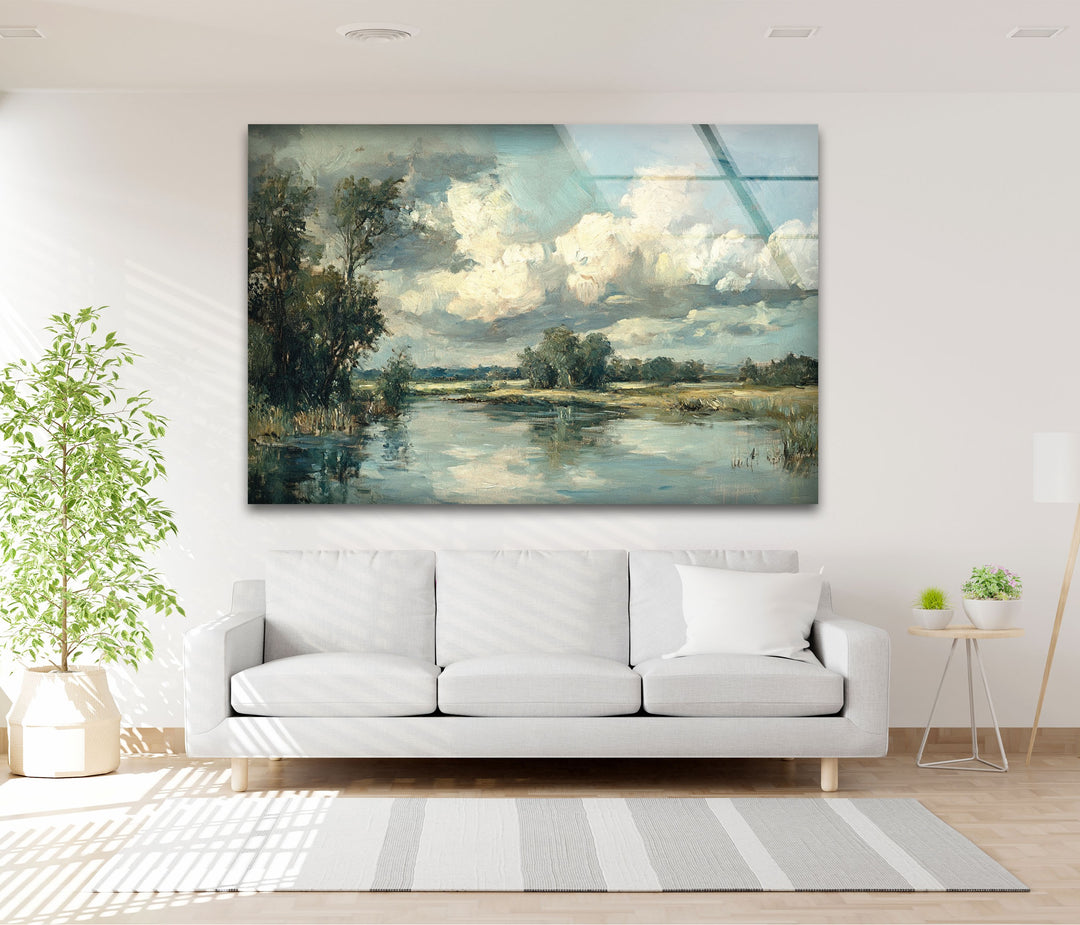 Tranquil Reflections – Serene Countryside River Glass Wall Art