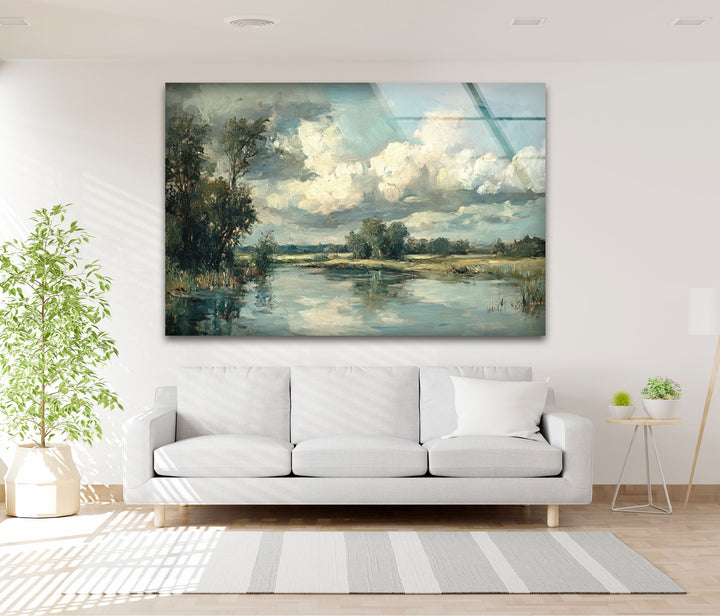 Tranquil Reflections – Serene Countryside River Glass Wall Art