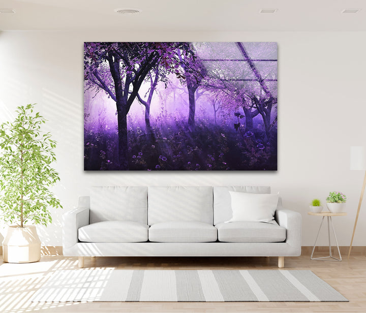 Mystic Purple Forest – Enchanted Trees with Lavender Light Glass Wall Art