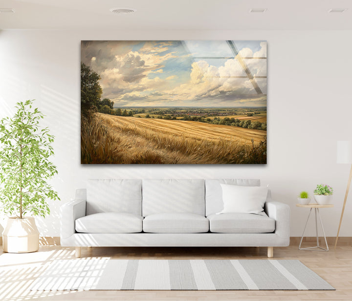 Golden Fields Horizon – Panoramic Wheat Landscape Glass Wall Art