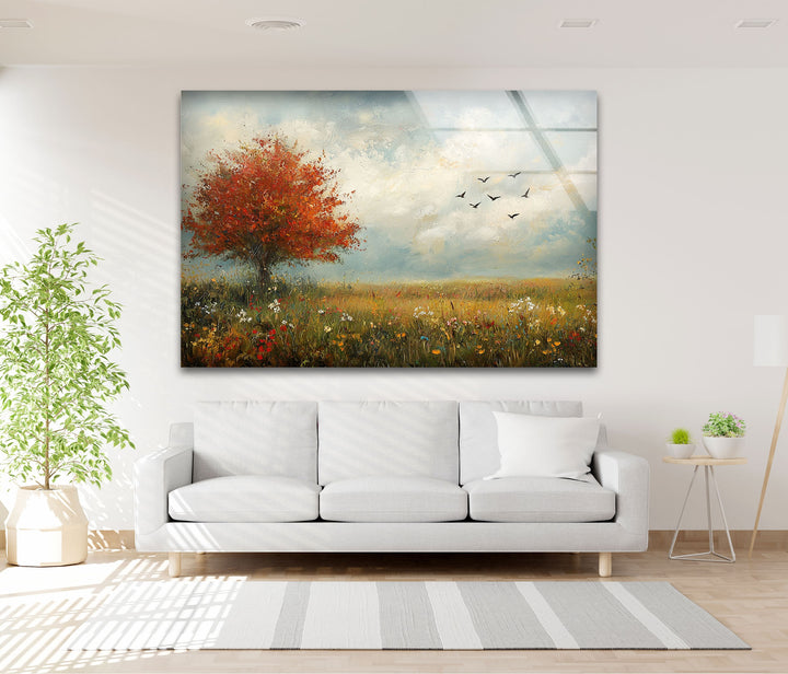 Golden Meadow Breeze – Red Tree in Bloom Glass Wall Art