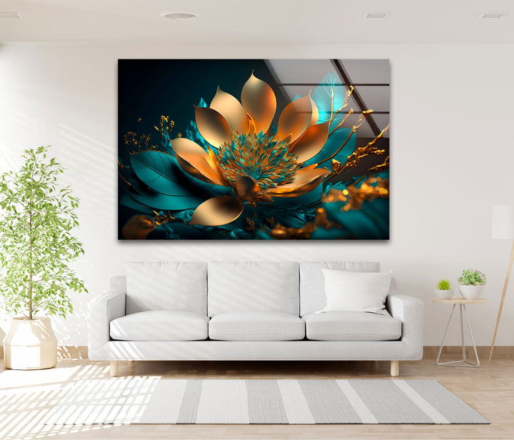 Golden Bloom Radiance – Modern Glass Wall Art