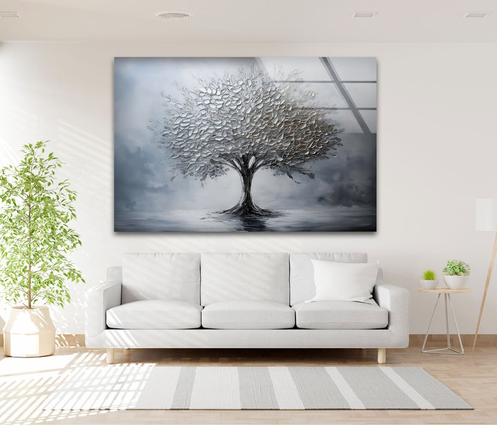 Silver Serenity – Moderne strukturierte Baumglas-Wandkunst