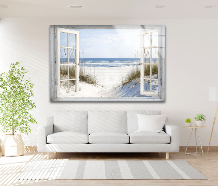 White Sands Serenity – Open Window Coastal Glass Wall Art