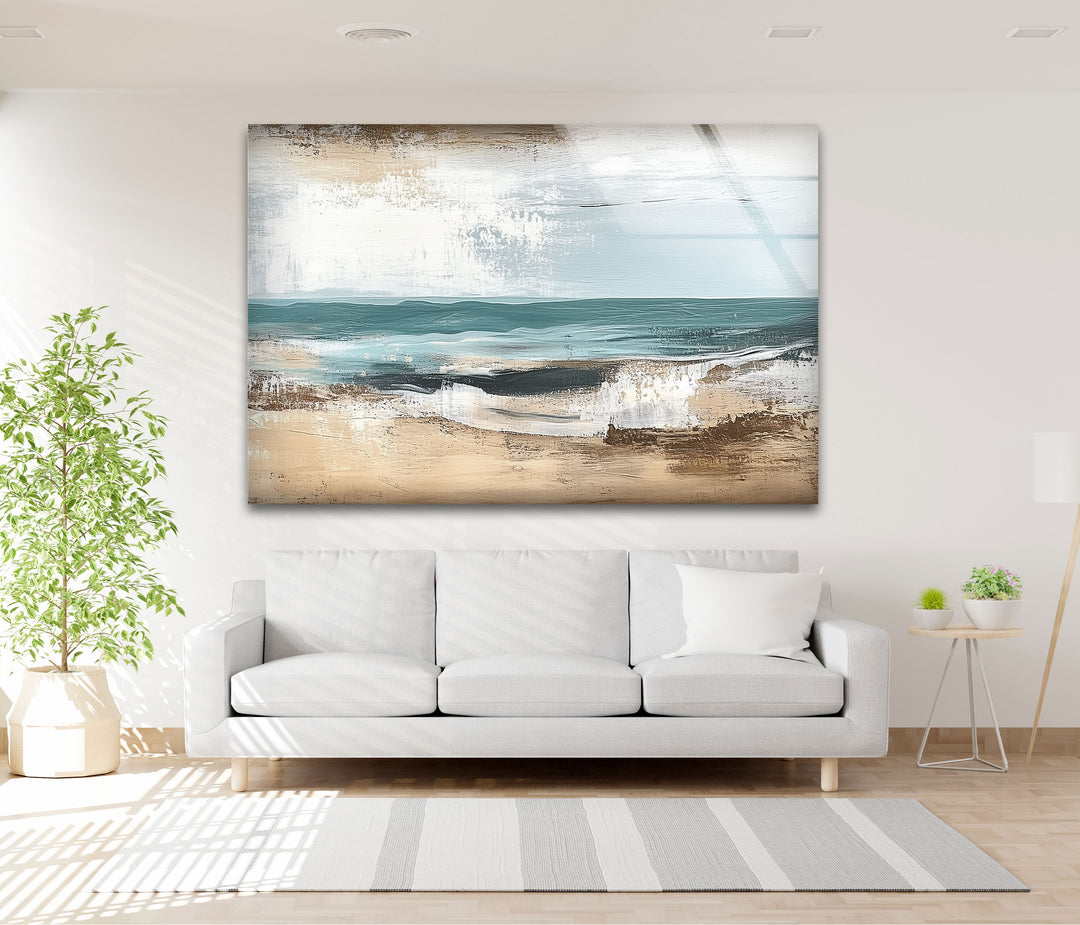 Tranquil Shoreline – Textured Coastal Horizon Glass Wall Art