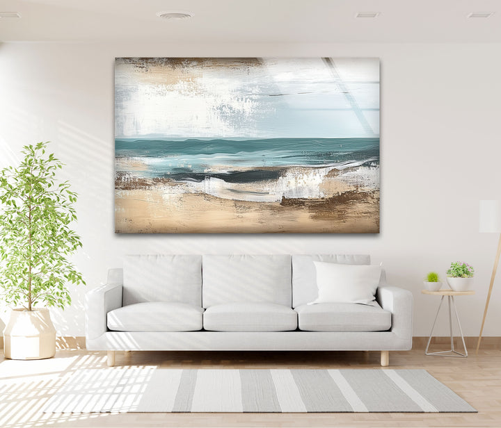 Tranquil Shoreline – Textured Coastal Horizon Glass Wall Art
