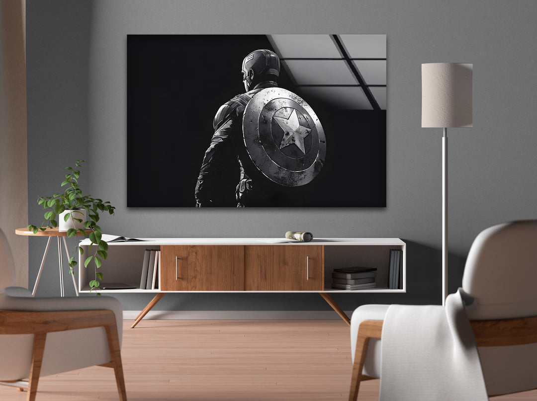 Captain America’s Strength: Black and White Glass Wall Art
