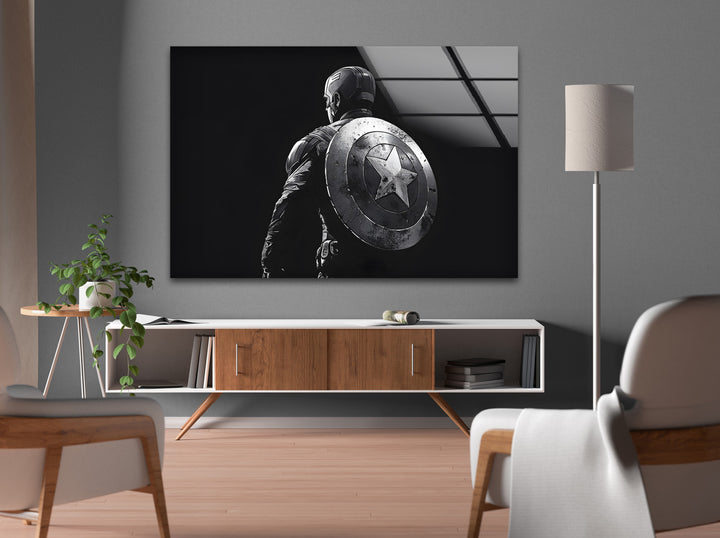 Captain America’s Strength: Black and White Glass Wall Art
