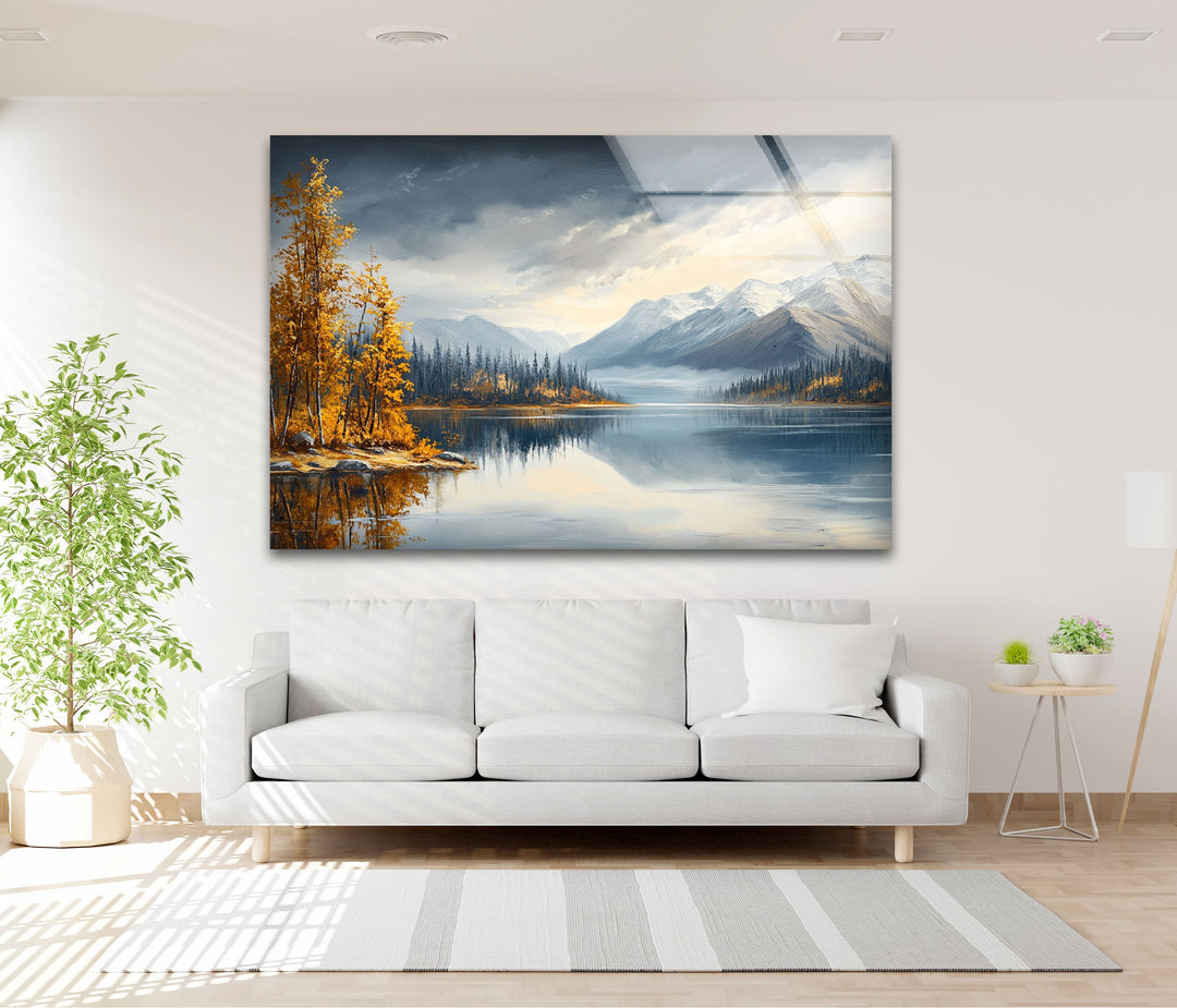 Snow-Capped Mountains and Autumn Trees - Glass Wall Art