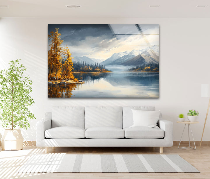 Snow-Capped Mountains and Autumn Trees - Glass Wall Art