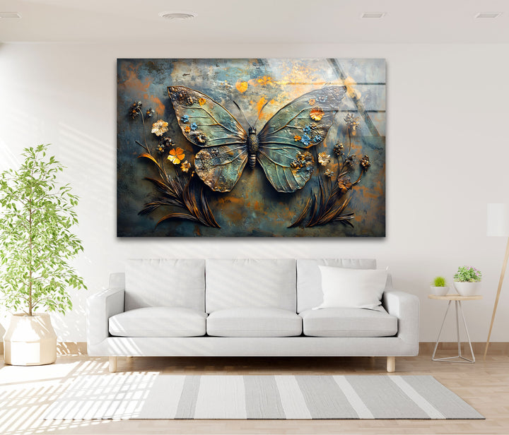 Blühende Flügel – Metallischer Schmetterling mit floralen Akzenten, Glaswandkunst