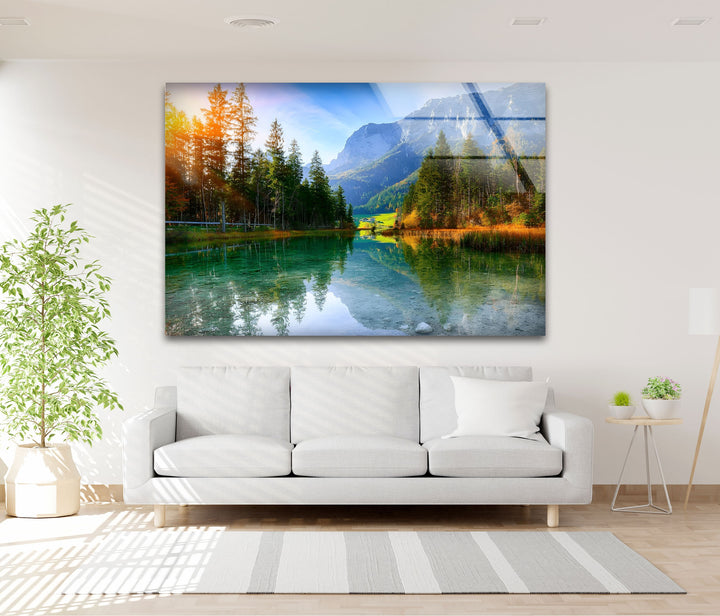 Tranquil Reflections – Alpine Lake and Mountain View Glass Wall Art