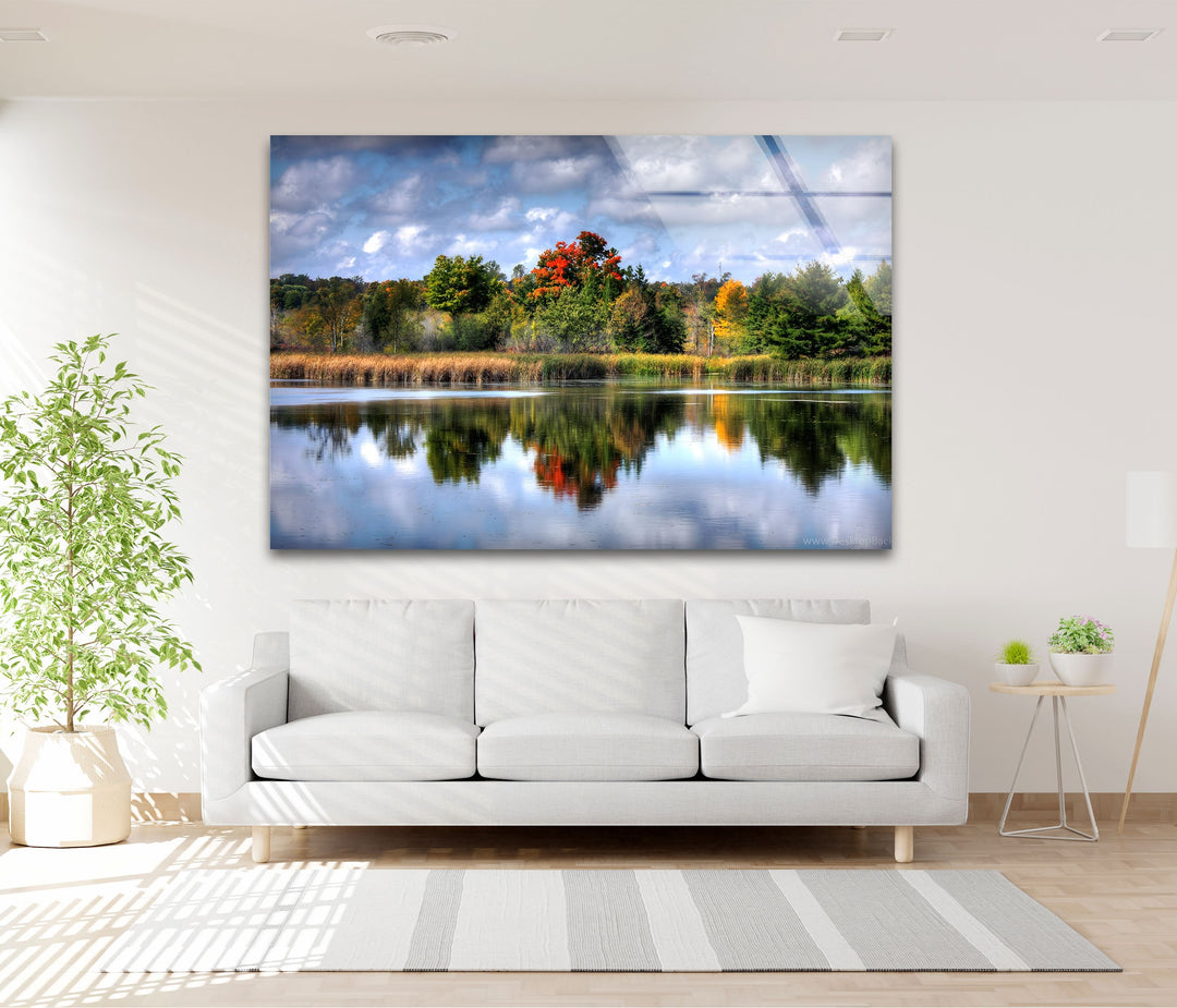 Autumn Reflections – Scenic Forest Lake Glass Wall Art