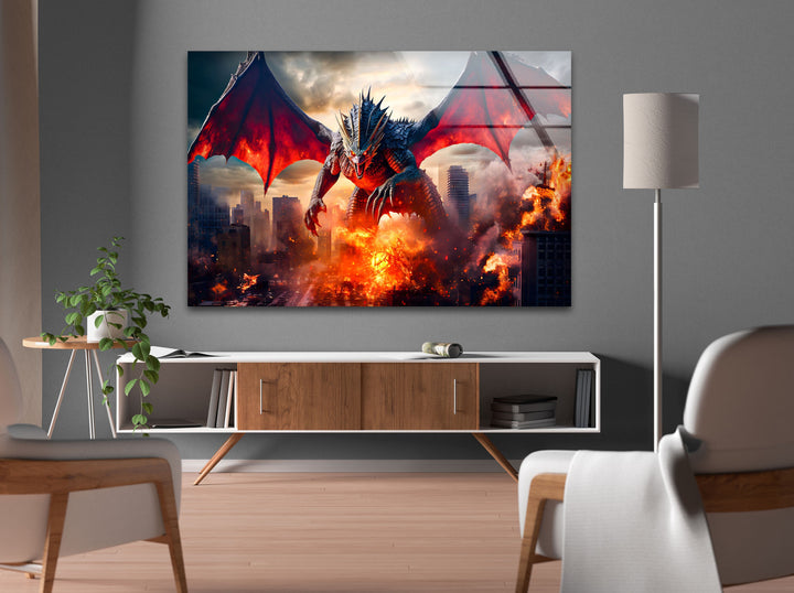 Intense dragon in full fury, destroying everything in its fiery path.

