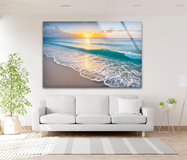 Serene Shoreline – Sunset Ocean Glass Wall Art