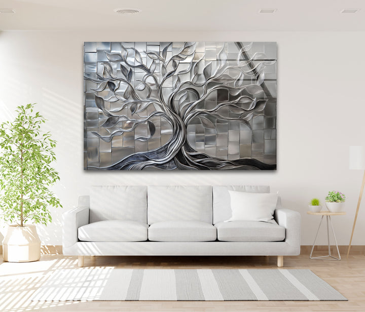 Radiant Silver Tree – Geometric Tile Design Glass Wall Art