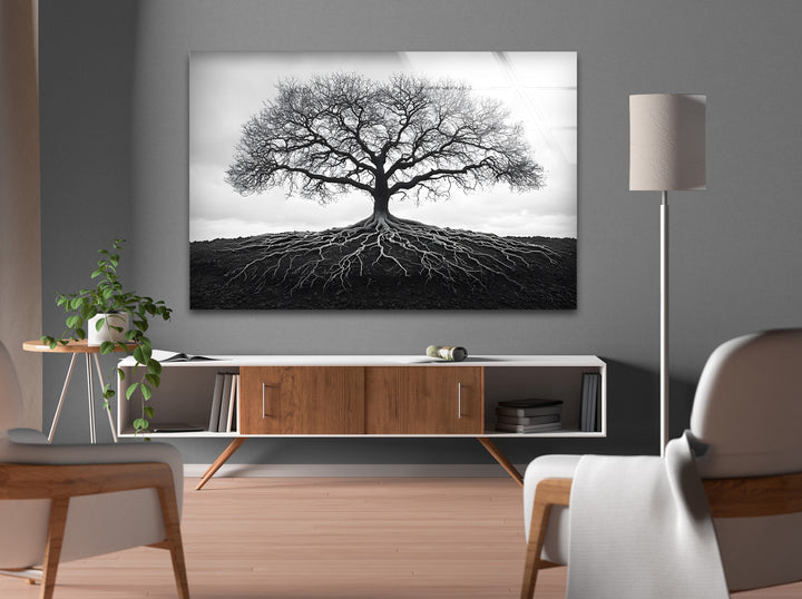 Monochrome Tree of Life artwork with intricate branches and roots, adding depth and symbolism to any space.
