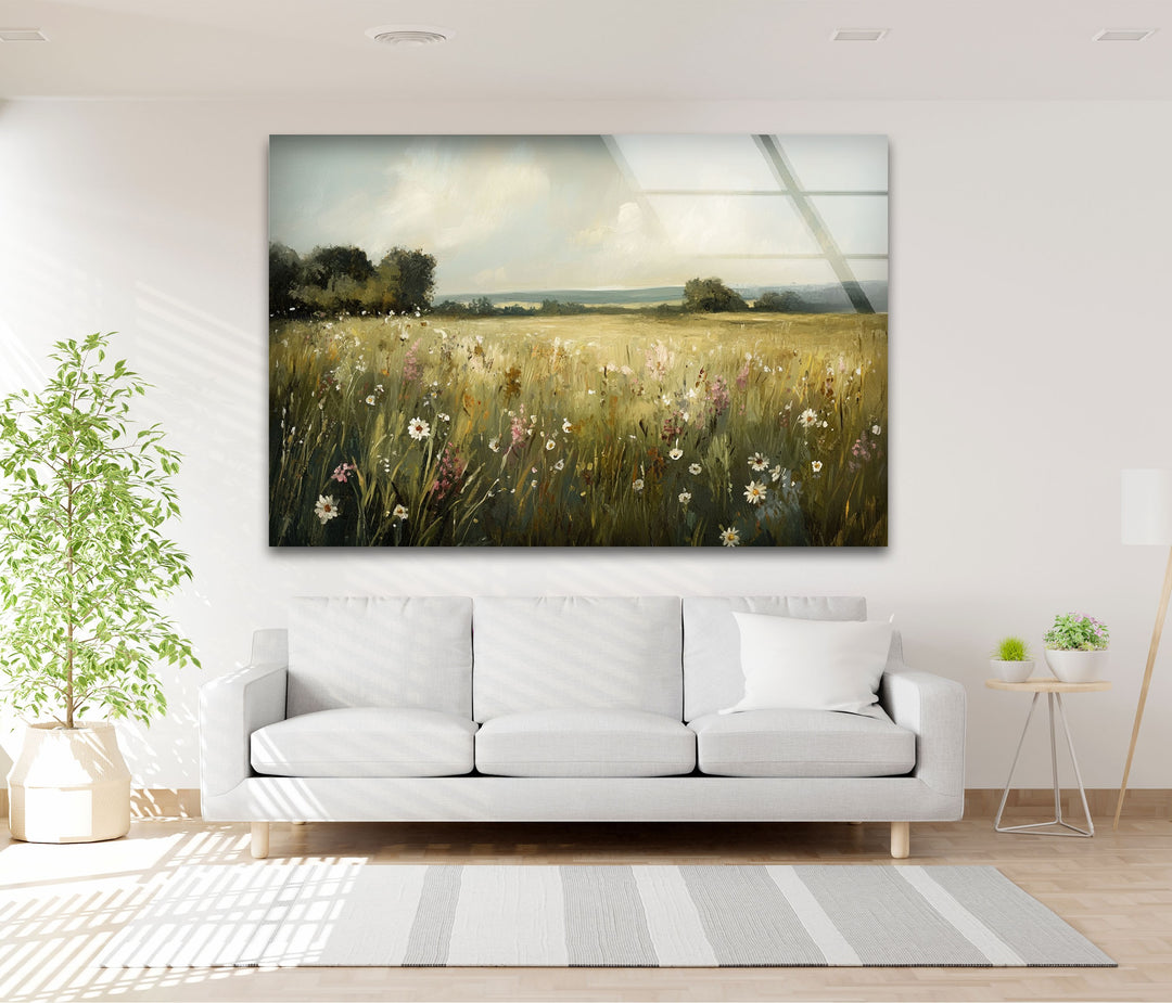 Golden Meadow Breeze – Wildflower Field in Soft Sunshine Glass Wall Art