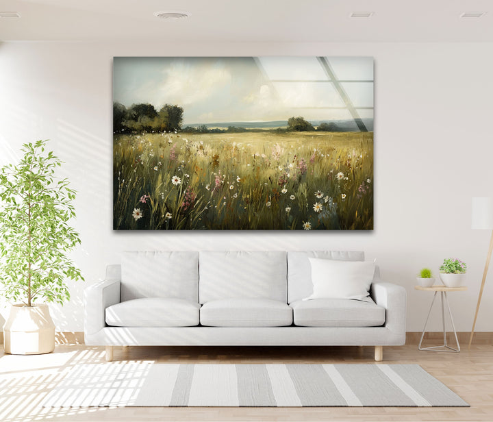 Golden Meadow Breeze – Wildflower Field in Soft Sunshine Glass Wall Art