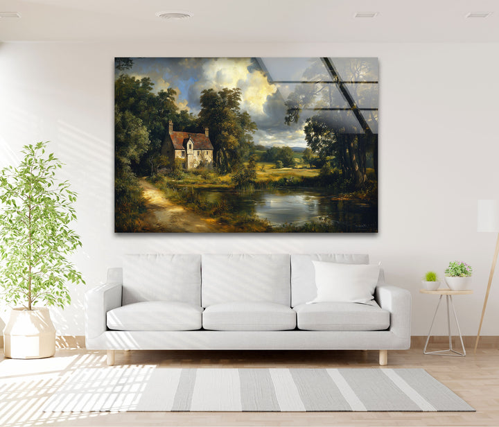 Cottage by the Pond – Vintage Countryside Landscape Glass Wall Art