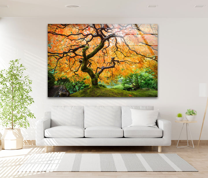 Golden Canopy Elegance – Japanische Ahorn-Glaswandkunst