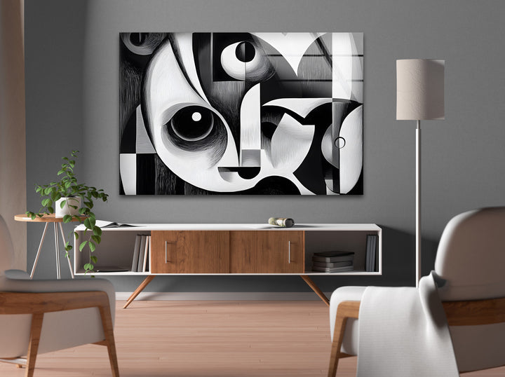 A captivating black and white artwork with a cubist-inspired design, perfect for modern interiors.