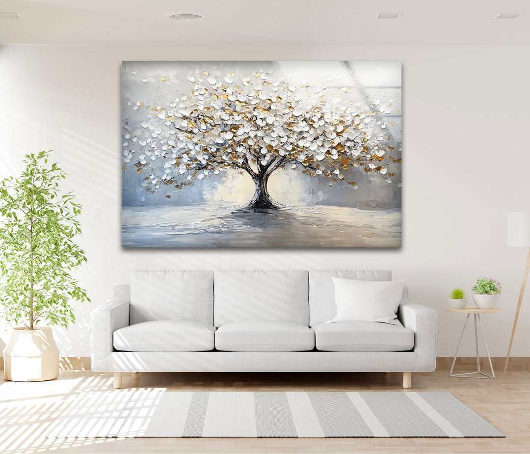 Golden Blossom Tree – Elegant White and Gold Glass Wall Art