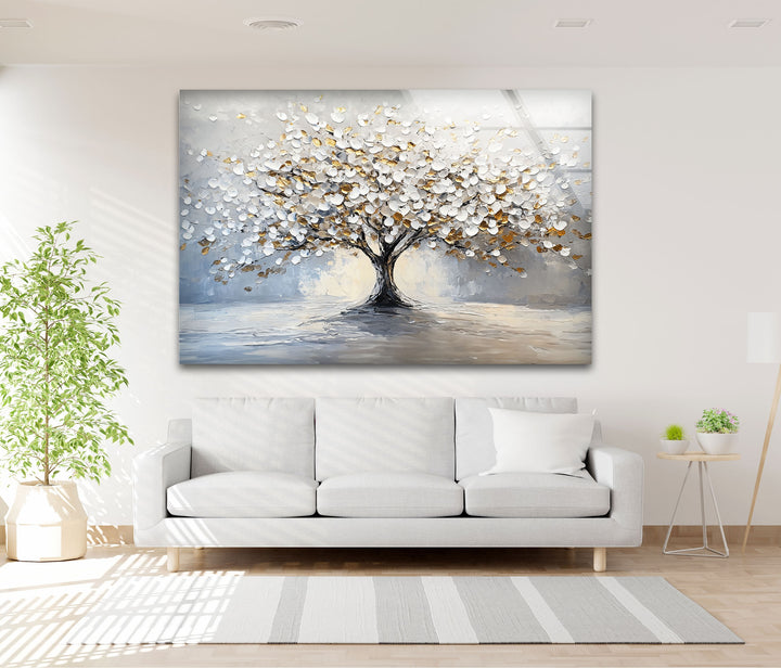 Golden Blossom Tree – Elegant White and Gold Glass Wall Art