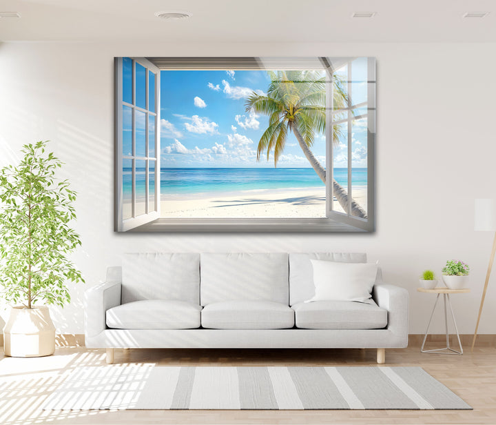 Tropical Escape – Palm Tree Ocean View Glass Wall Art